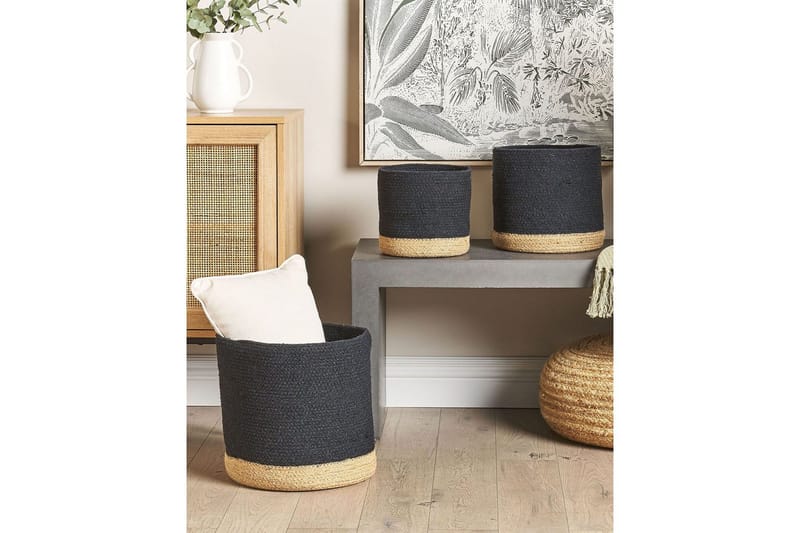 Korg Basima set om 3 Beige, svart - Beige, svart - Förvaring - Småförvaring - Förvaringskorg - Flätad korg & rottingkorg