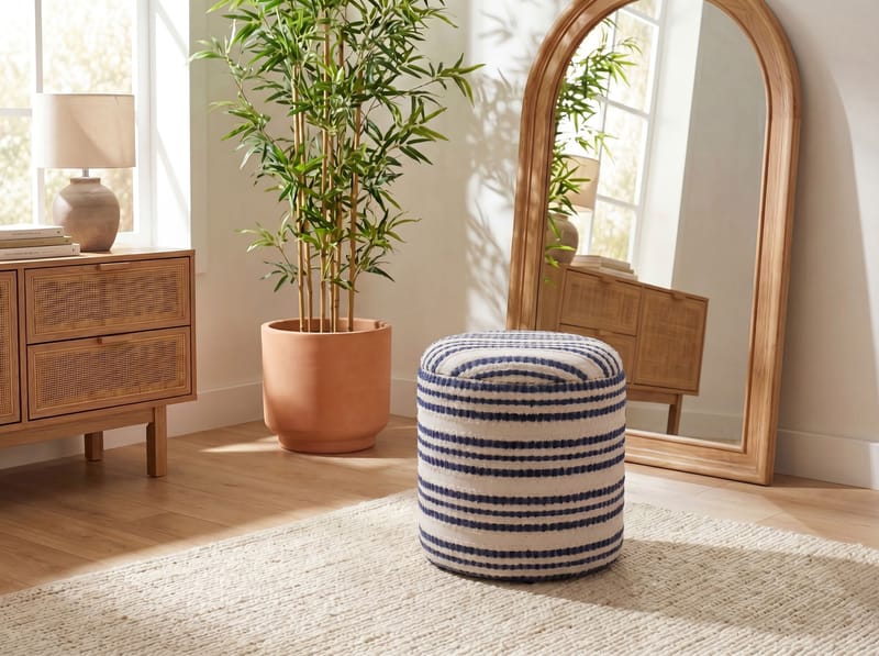 Öster Rund sittpuff med förvaring i bomull - beige, mörkblå - Förvaring - Småförvaring - Förvaringskorg - Flätad korg & rottingkorg