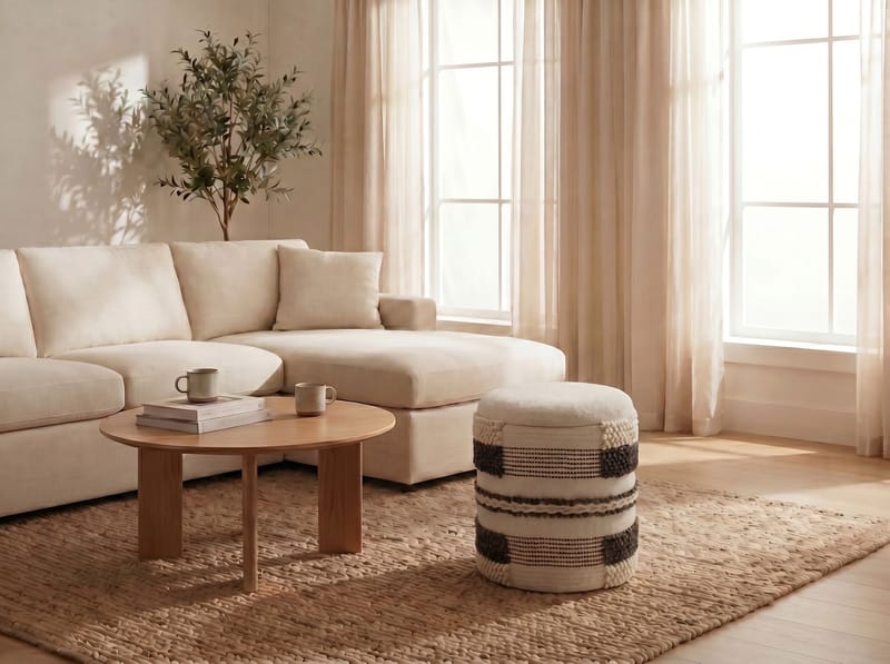 Virek Rund sittpuff med förvaring i ulltyg - beige - Förvaring - Småförvaring - Förvaringskorg - Flätad korg & rottingkorg