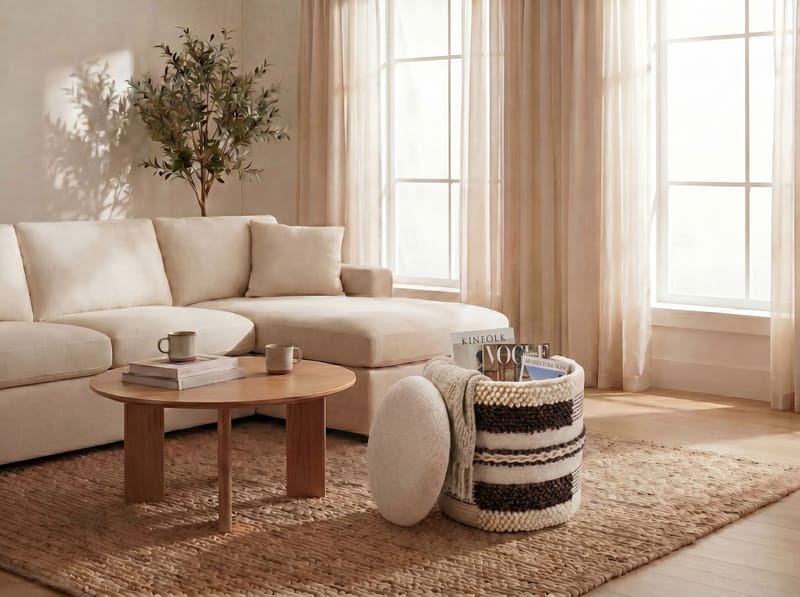 Virek Rund sittpuff med förvaring i ulltyg - beige - Förvaring - Småförvaring - Förvaringskorg - Flätad korg & rottingkorg