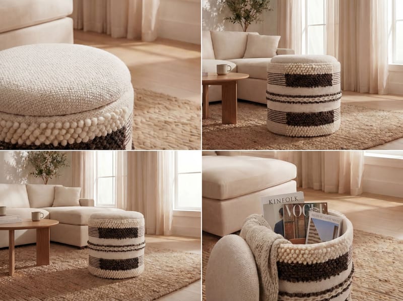 Virek Rund sittpuff med förvaring i ulltyg - beige - Förvaring - Småförvaring - Förvaringskorg - Flätad korg & rottingkorg