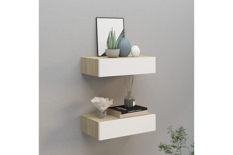 Vägglådor ek och vit 2 st 40x23,5x10 cm MDF - Beige/Vit - Förvaring - Småförvaring - Förvaringslådor