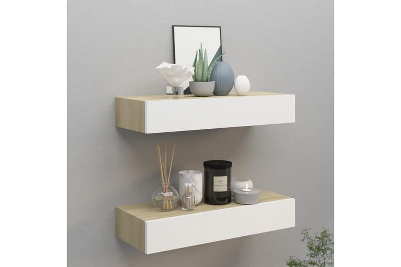 Vägglådor ek och vit 2 st 60x23,5x10 cm MDF - Vit/Trä - Förvaringslådor