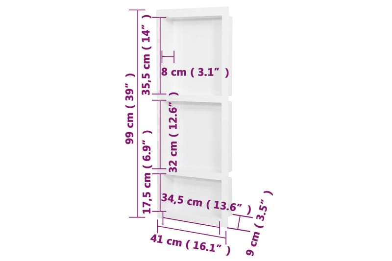Infälld duschhylla niche 3 hyllor matt vit 41x99x9 cm - Vit - Inredning & dekor - Badrumsinredning - Duschhylla & duschkorg