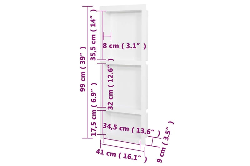 Infälld duschhylla niche 3 hyllor matt vit 41x99x9 cm - Vit - Duschhylla & duschkorg