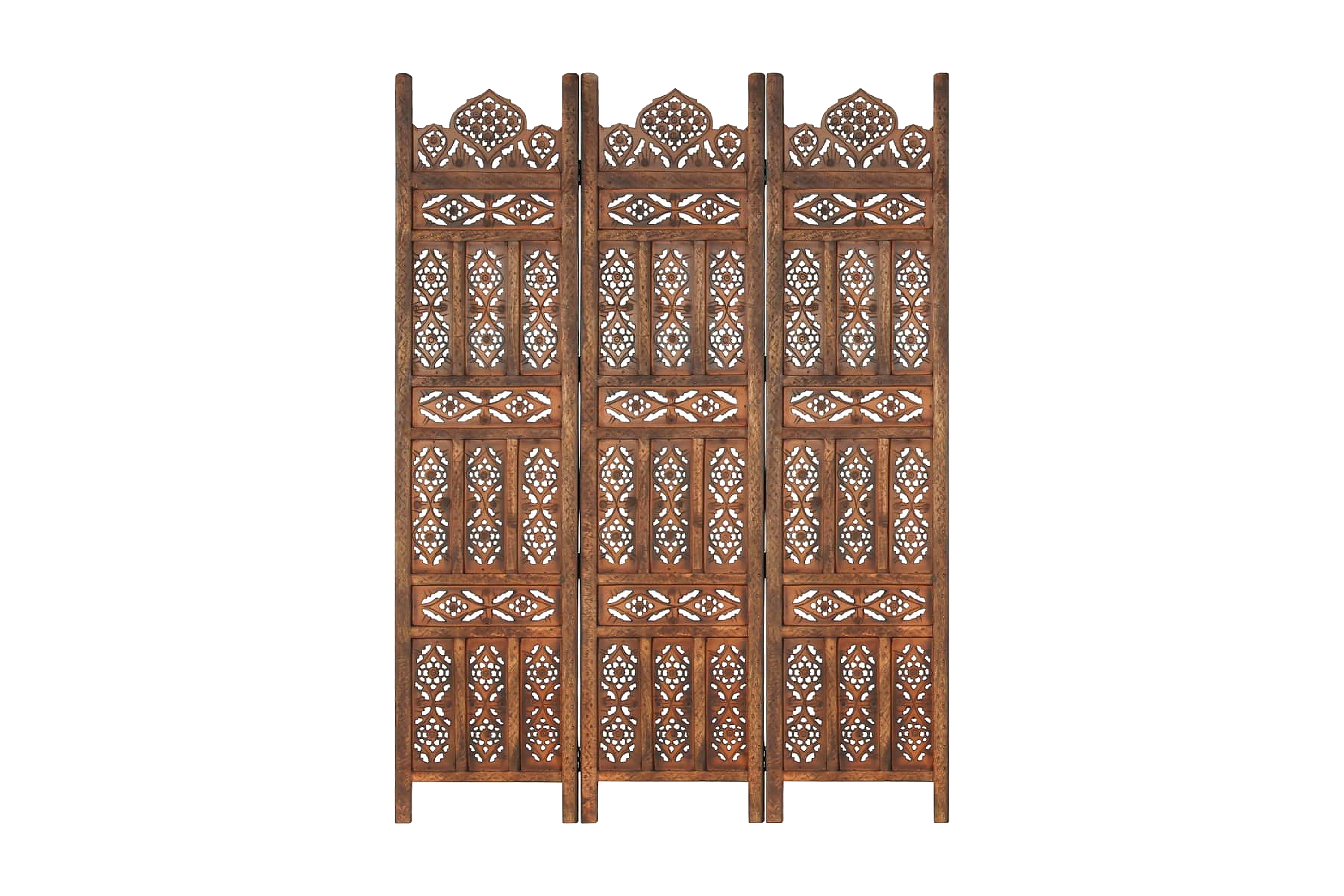 Rumsavdelare 3 paneler handsnidad brun 120×165 cm mangoträ – Brun
