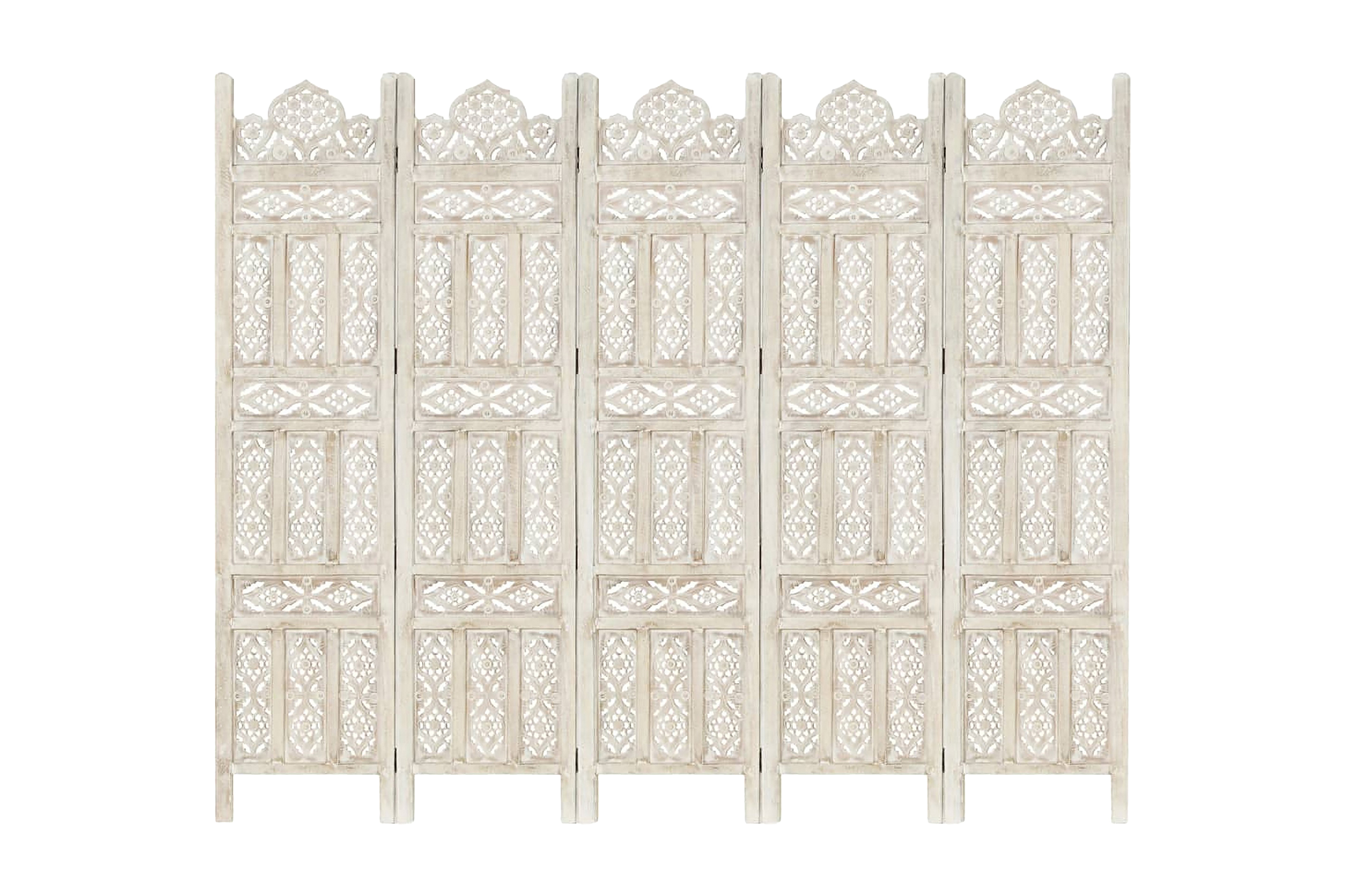 Rumsavdelare 5 paneler handsnidad vit 200×165 cm mangoträ –