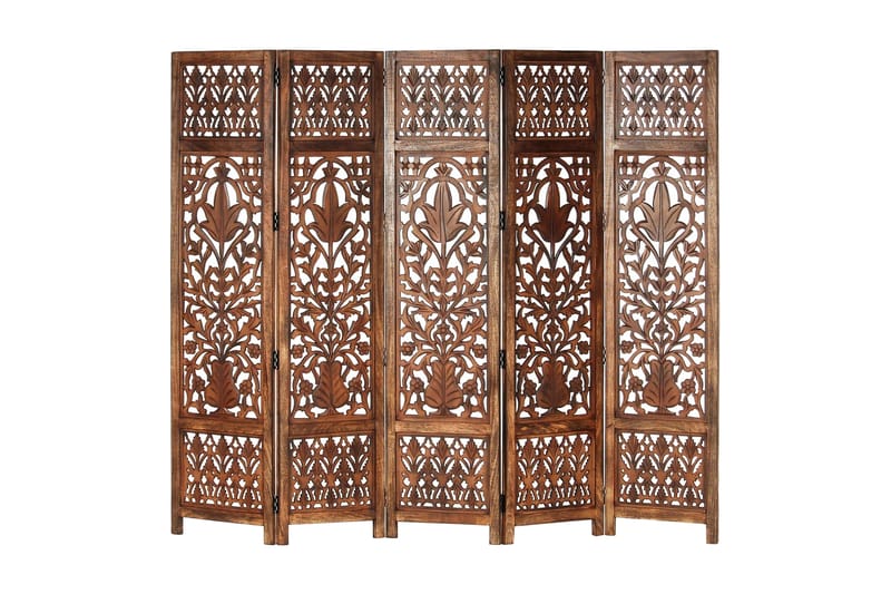 Rumsavdelare 5 paneler handsnidad brun 200x165 cm mangoträ - Rumsavdelare