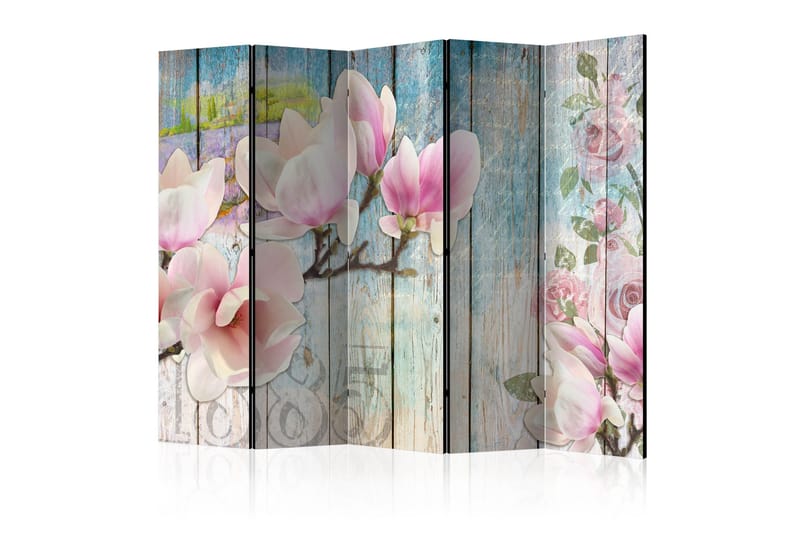 PINK FLOWERS ON WOOD Rumsavdelare 225x172 cm, Artgeist sp. z o. o.