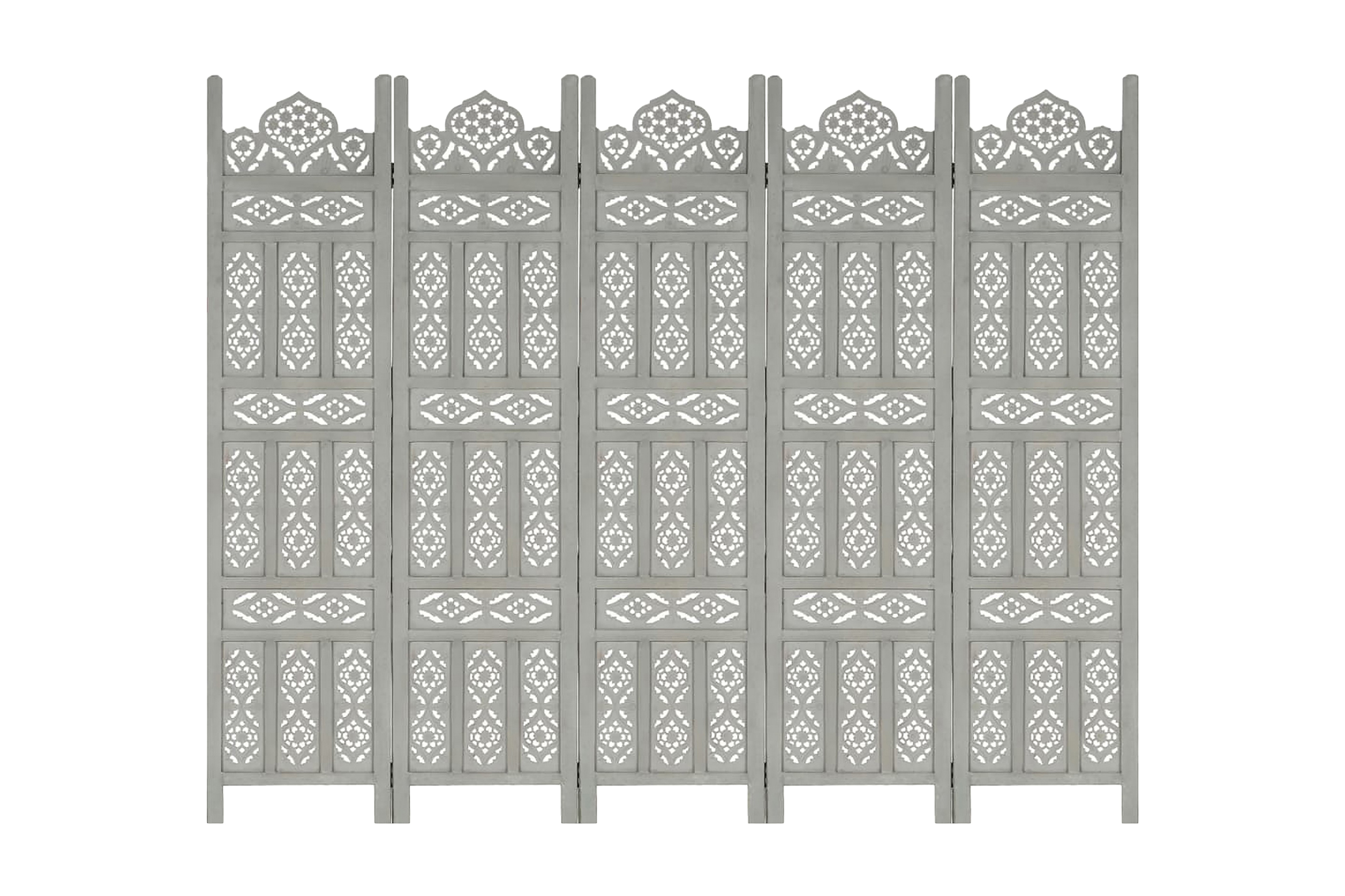 Rumsavdelare 5 paneler handsnidad grå 200×165 cm mangoträ –