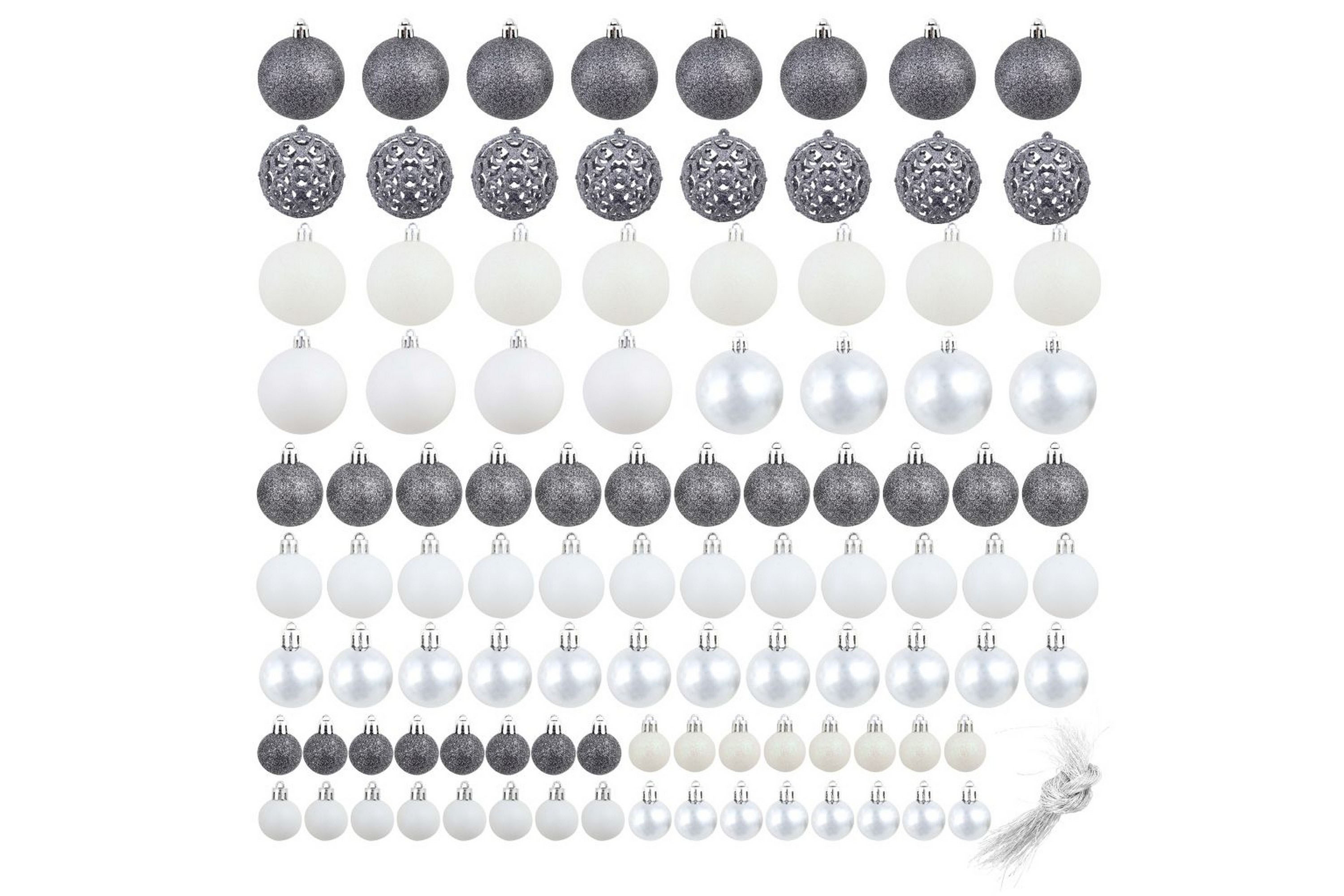 Julgranskulor 100 delar set 3/4/6 cm vit/grå –