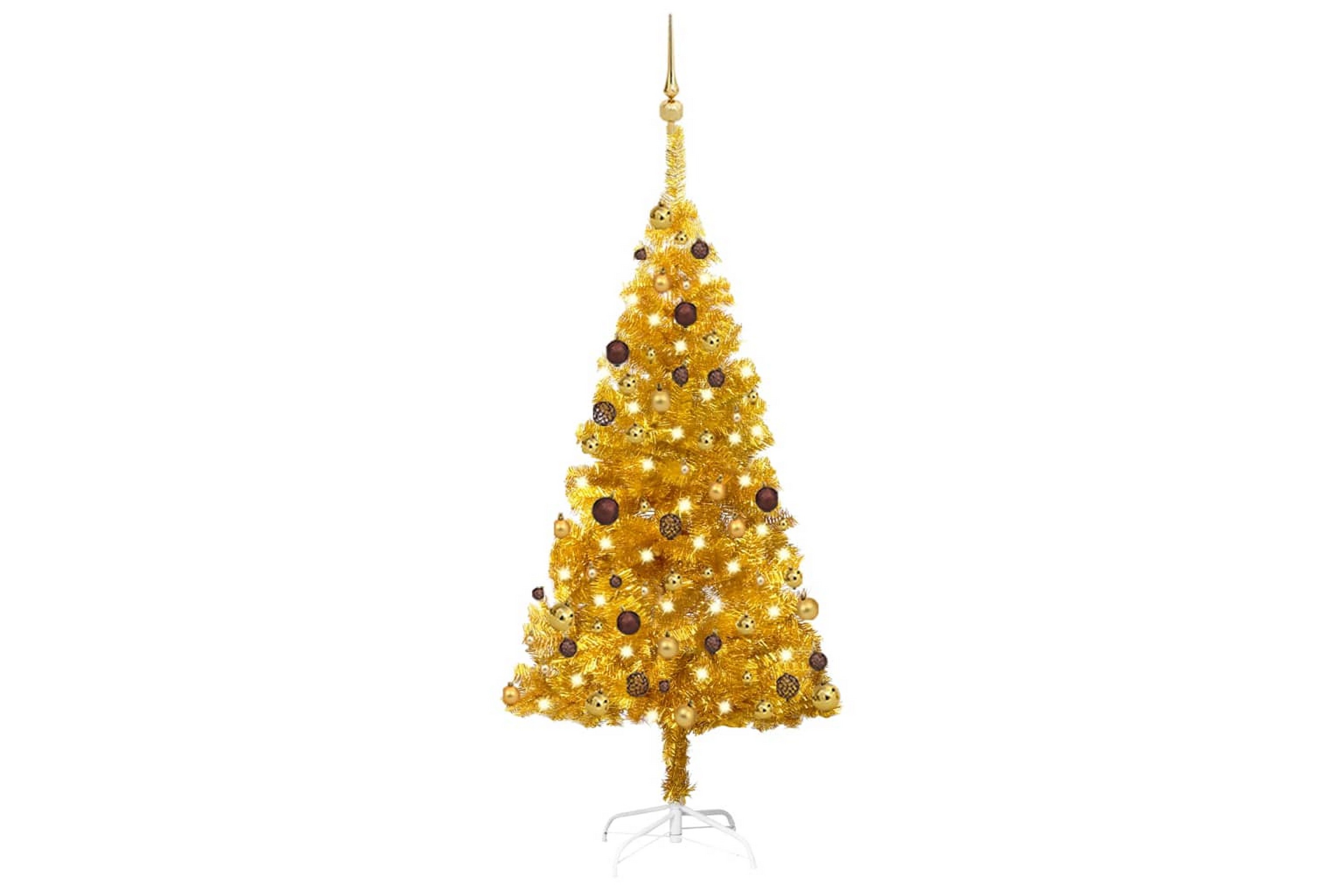 Plastgran med LED och julgranskulor guld 150 cm PET –
