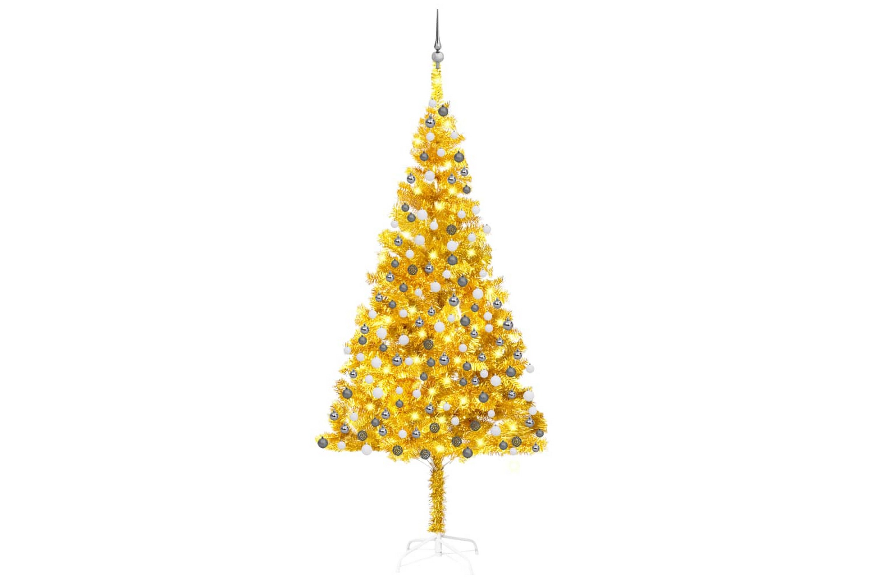 Plastgran med LED och julgranskulor guld 210 cm PET –