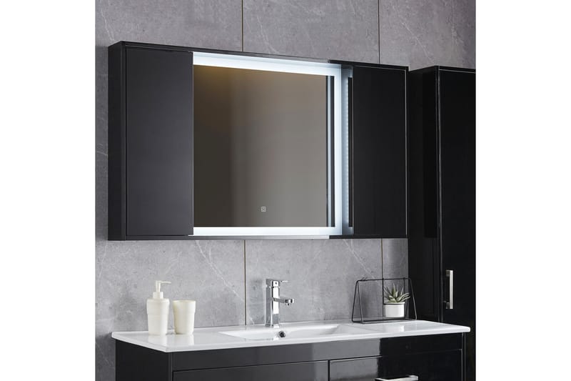 Spegel med dubbla sidoskåp och inbyggd Belysning 13x68 cm Sv - Badrumsspegel - Badrumsspegel med belysning