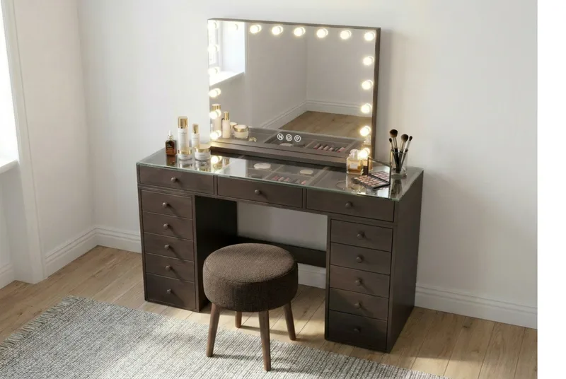 Glow Stor sminkspegel 80 cm med belysning lampor - Hollywood spegel med USB-charging - Brun - Inredning & dekor - Speglar - Sminkspegel