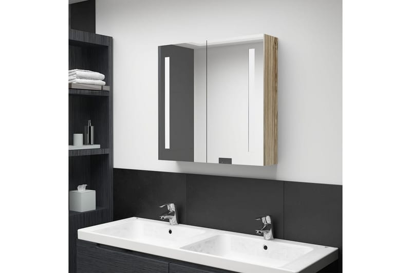 Badrumsskåp med spegel LED ek 62x14x60 cm - Brun - Badrumsskåp - Spegelskåp