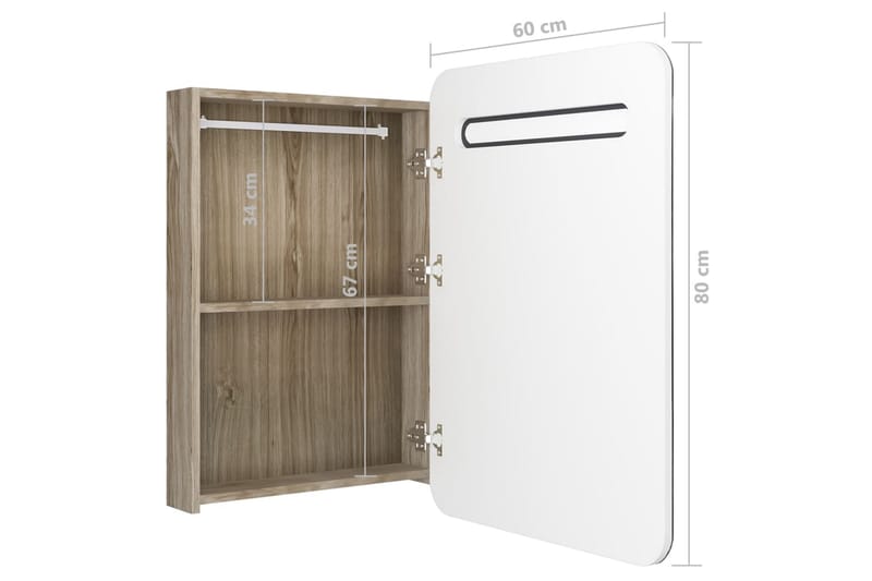Badrumsspegel med skåp LED vit och ek 60x11x80 cm - Vit - Badrumsskåp - Spegelskåp