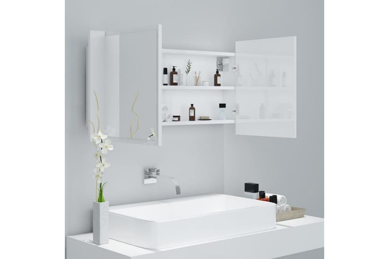 Spegelskåp för badrum LED vit högglans 90x12x45 cm - Vit - Badrumsskåp - Spegelskåp