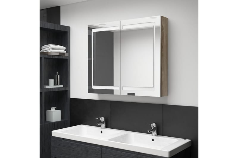 Spegelskåp med LED ek 80x12x68 cm - Brun - Badrumsskåp - Spegelskåp
