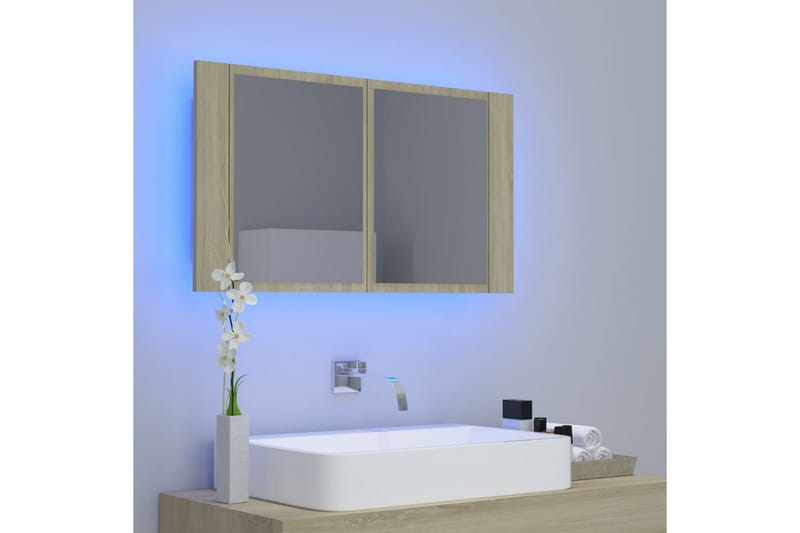 Spegelskåp med LED sonoma-ek 80x12x45 cm - Brun - Badrumsskåp - Spegelskåp