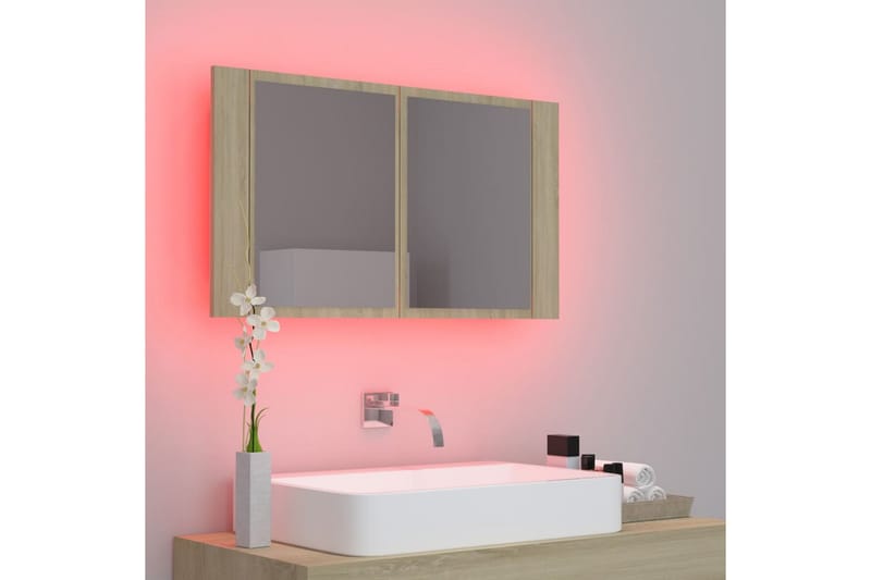Spegelskåp med LED sonoma-ek 80x12x45 cm - Brun - Badrumsskåp - Spegelskåp