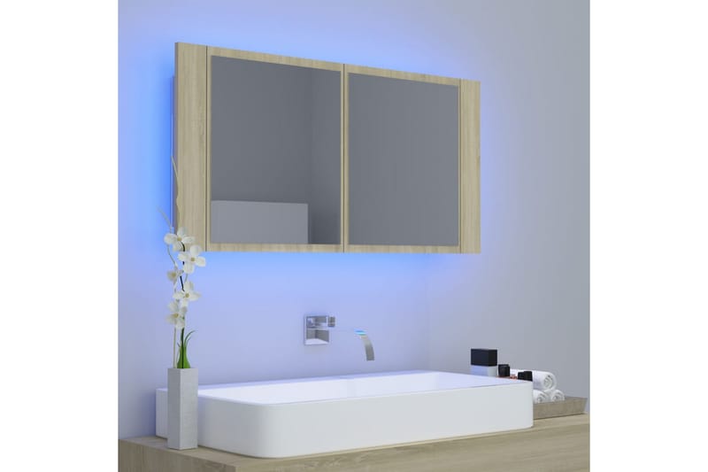 Spegelskåp med LED sonoma-ek 90x12x45 cm - Brun - Badrumsskåp - Spegelskåp