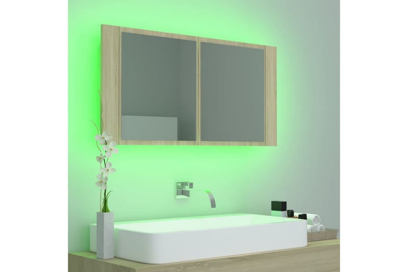 Spegelskåp med LED sonoma-ek 90x12x45 cm - Brun - Inredning & dekor - Speglar - Spegelmöbler - Spegelskåp