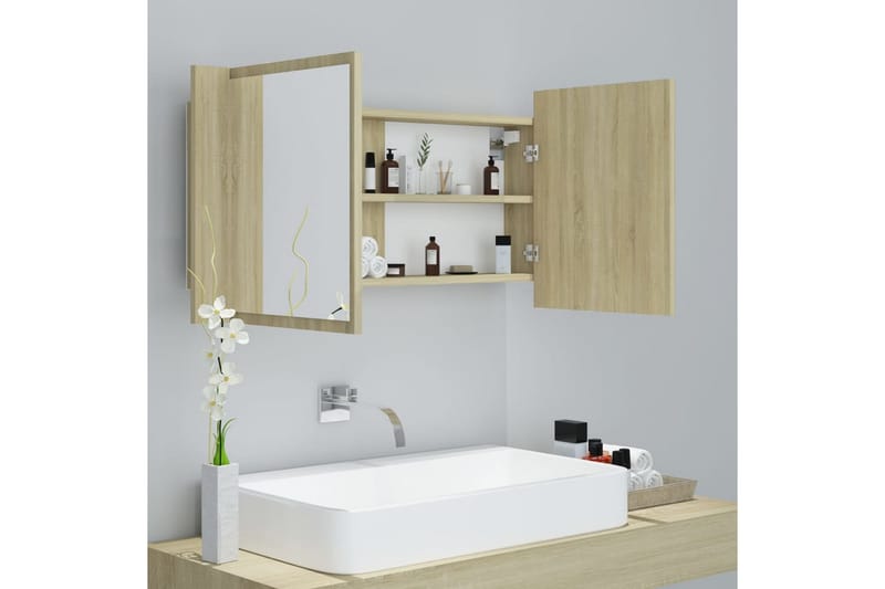 Spegelskåp med LED sonoma-ek 90x12x45 cm - Brun - Inredning & dekor - Speglar - Spegelmöbler - Spegelskåp