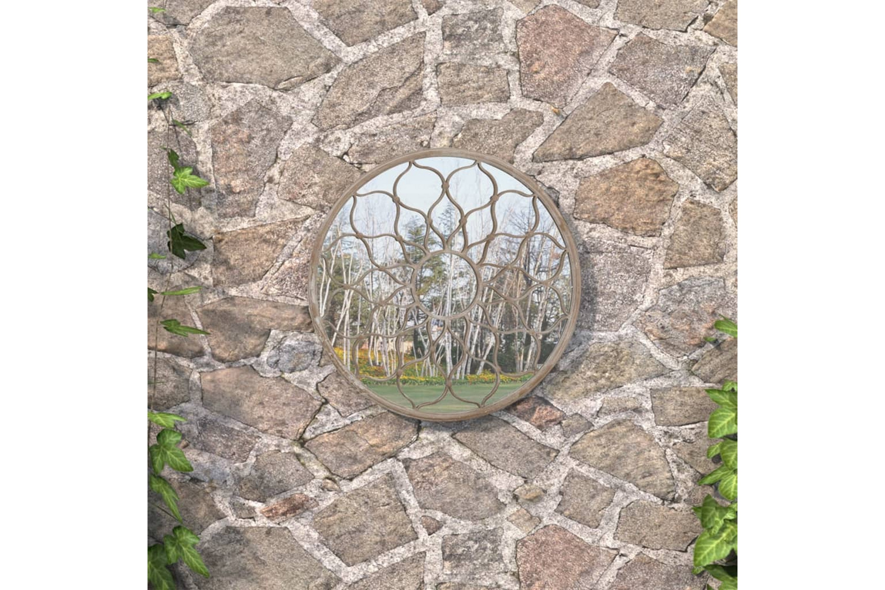 Trädgårdsspegel sandfärgad 60×3 cm rund järn för utomhusbruk – Kräm