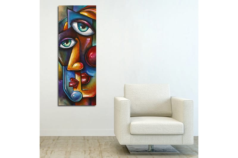 Canvastavla 30x80 cm - Abstrakt porträtt med två ansikten som sammanflätas - Mörkblå / Röd / Beige - Inredning & dekor - Tavlor & konst - Canvastavla