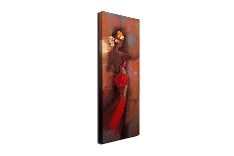 Canvastavla 30x80 cm - Elegant kvinna i röd klänning med blommor i håret - Röd / Brun / Beige - Inredning & dekor - Tavlor & konst - Canvastavla