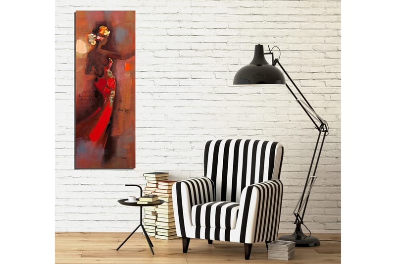 Canvastavla 30x80 cm - Elegant kvinna i röd klänning med blommor i håret - Röd / Brun / Beige - Inredning & dekor - Tavlor & konst - Canvastavla