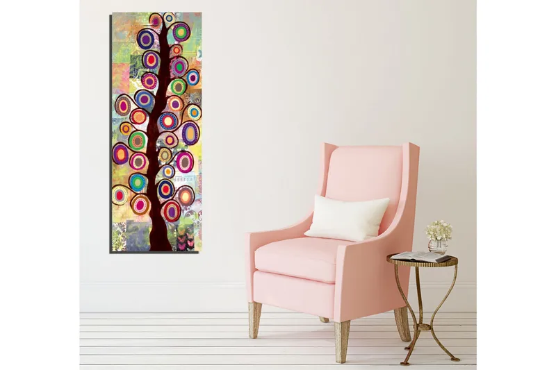 Canvastavla 30x80 cm - Färgglad trädkonst med cirkulära bladverk - Mörkbrun / Ceruleanblå / Lila - Inredning & dekor - Tavlor & konst - Canvastavla