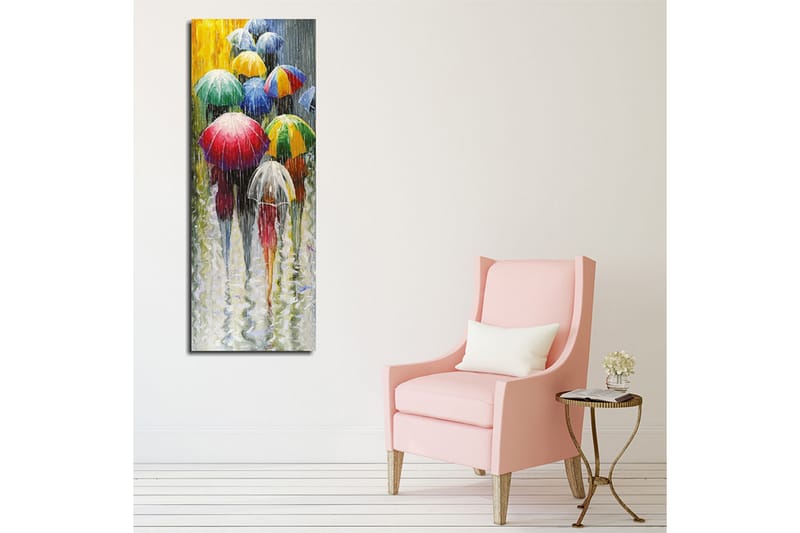 Canvastavla 30x80 cm - Färgglada paraplyer i regnigt landskap - Röd / Grön / Blå - Inredning & dekor - Tavlor & konst - Canvastavla