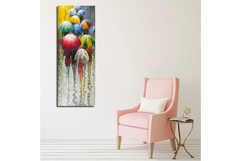 Canvastavla 30x80 cm - Färgglada paraplyer i regnigt landskap - Röd / Grön / Blå - Inredning & dekor - Tavlor & konst - Canvastavla