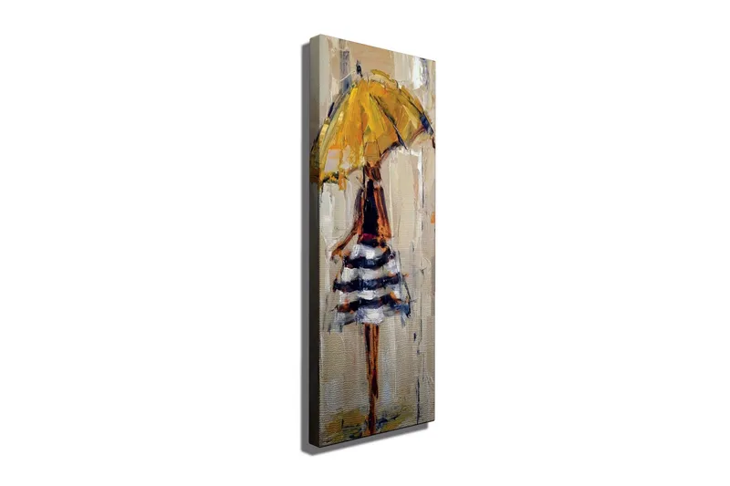 Canvastavla 30x80 cm - Kvinna med gul paraply och randig klänning, Gul / Svart / Vit