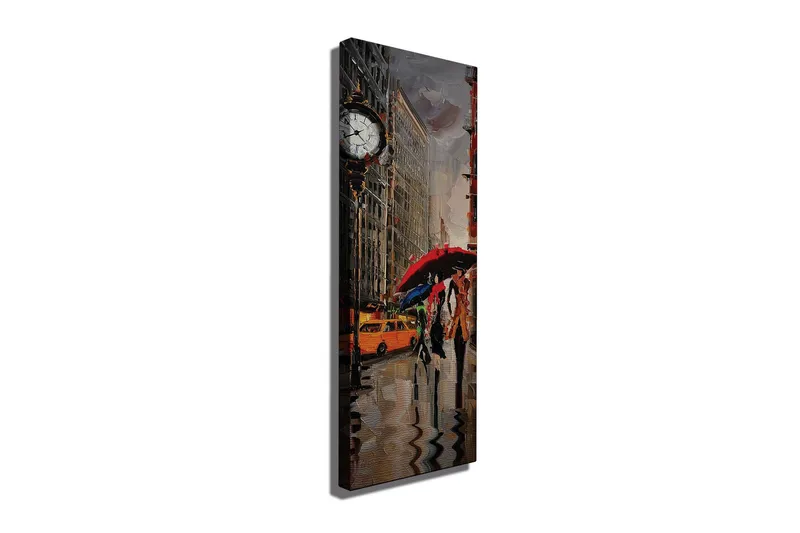 Canvastavla 30x80 cm - Livlig stadsscen med människor som går under paraplyer i regnet, Röd / Gul / Grå