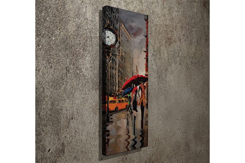 Canvastavla 30x80 cm - Livlig stadsscen med människor som går under paraplyer i regnet - Röd / Gul / Grå - Inredning & dekor - Tavlor & konst - Canvastavla