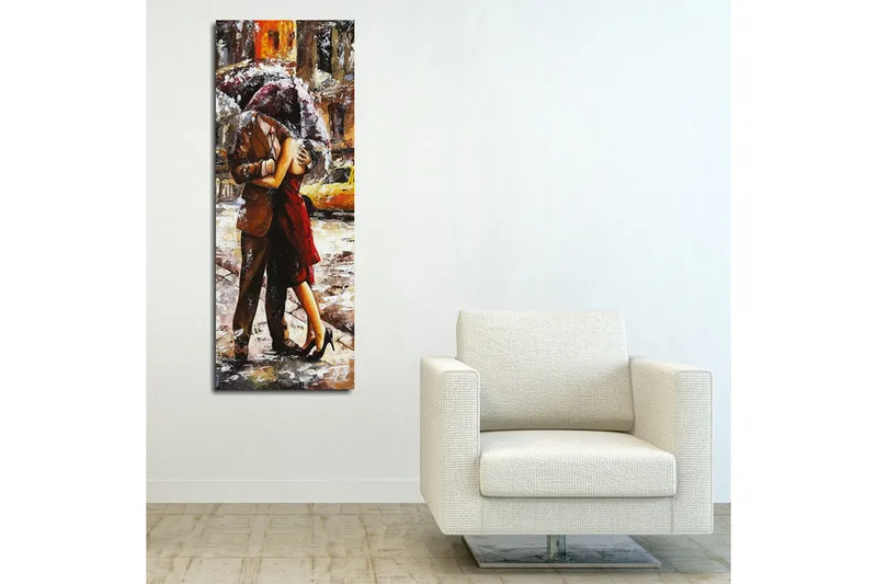 Canvastavla 30x80 cm - Romantisk dans under ett paraply i regnet - Röd / Brun / Grå - Inredning & dekor - Tavlor & konst - Canvastavla