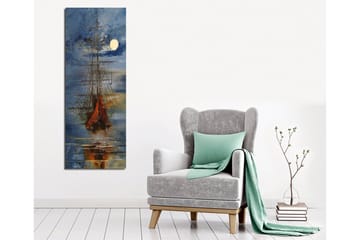 Canvastavla 30x80 cm - Segelbåt på en spegelblanka sjö under en fullmåne - Mörkblå / Orange / Vit - Inredning & dekor - Tavlor & konst - Canvastavla