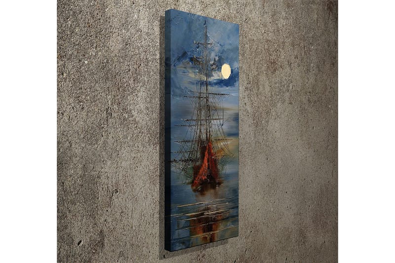 Canvastavla 30x80 cm - Segelbåt på en spegelblanka sjö under en fullmåne - Mörkblå / Orange / Vit - Inredning & dekor - Tavlor & konst - Canvastavla