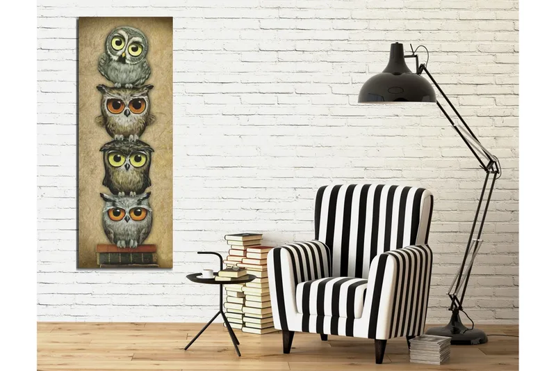 Canvastavla 30x80 cm - Staplade ugglor med olika uttryck och färger - Grå / Brun / Gul - Inredning & dekor - Tavlor & konst - Canvastavla