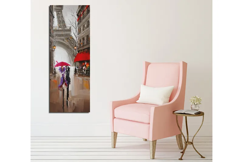 Canvastavla 30x80 cm - Pariserbilar under regn med färgglada paraplyer - Röd / Lila / Grå - Inredning & dekor - Tavlor & konst - Canvastavla