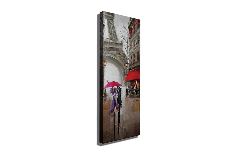 Canvastavla 30x80 cm - Pariserbilar under regn med färgglada paraplyer, Röd / Lila / Grå