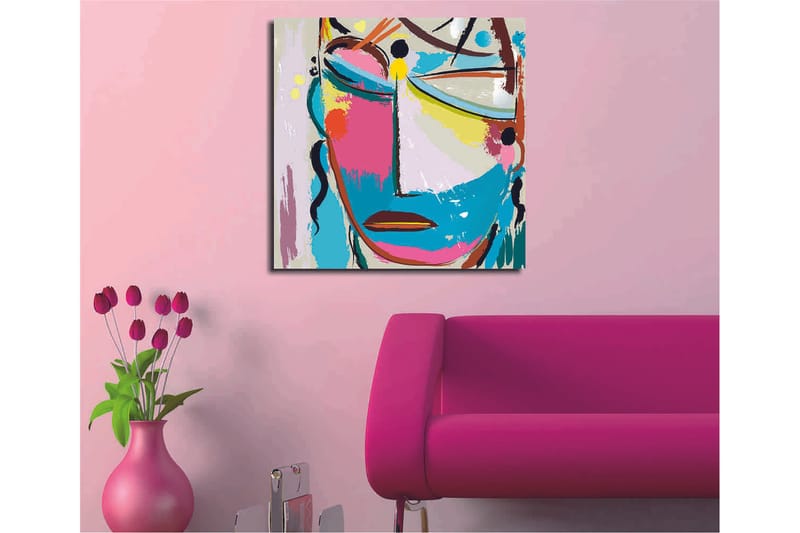 Canvastavla 45x45 cm - Abstrakt ansikte med färgglada inslag - Blå / Rosa / Gul - Inredning & dekor - Tavlor & konst - Canvastavla