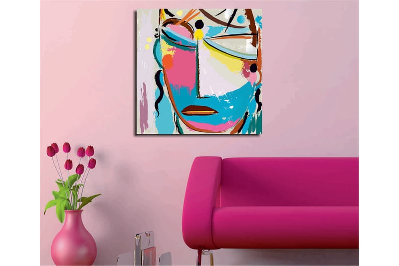 Canvastavla 45x45 cm - Abstrakt ansikte med färgglada inslag - Blå / Rosa / Gul - Inredning & dekor - Tavlor & konst - Canvastavla