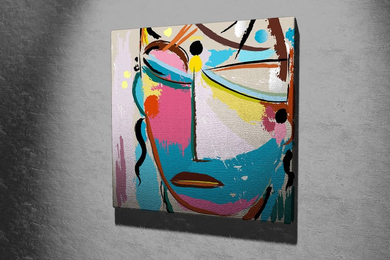 Canvastavla 45x45 cm - Abstrakt ansikte med färgglada inslag - Blå / Rosa / Gul - Inredning & dekor - Tavlor & konst - Canvastavla
