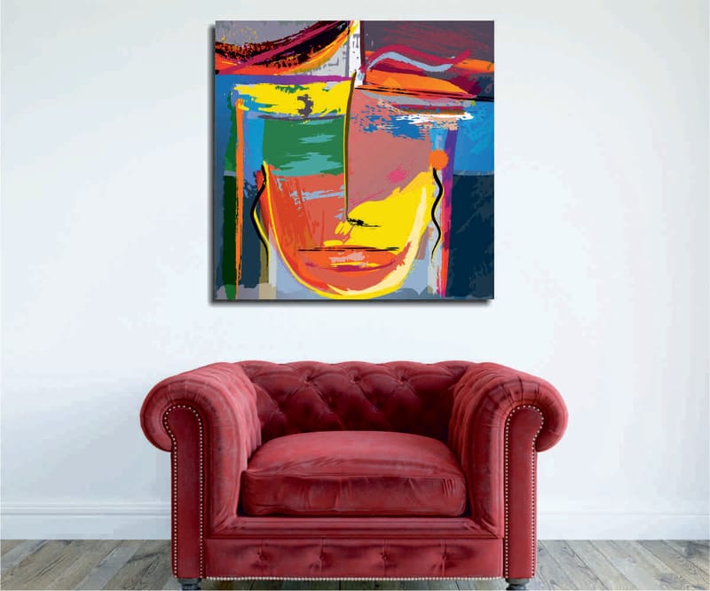 Canvastavla 45x45 cm - Abstrakt ansikte med starka färger och geometriska former - Gul / Grön / Blå - Inredning & dekor - Tavlor & konst - Canvastavla