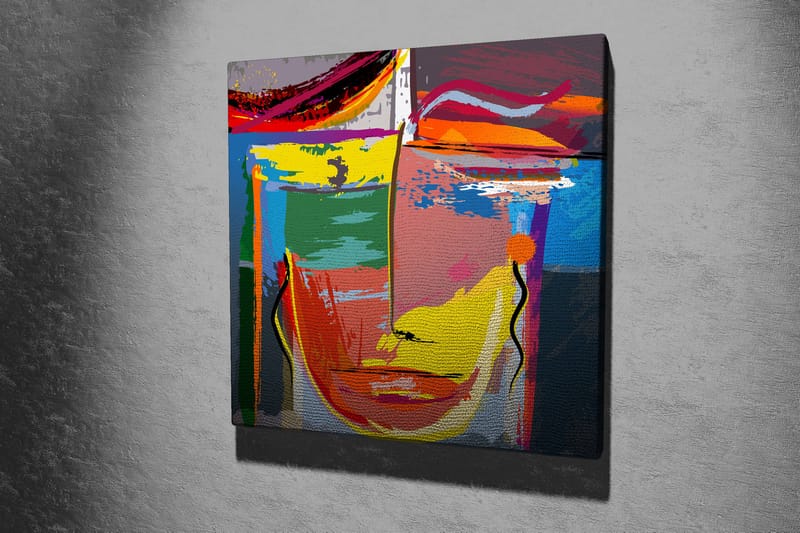 Canvastavla 45x45 cm - Abstrakt ansikte med starka färger och geometriska former - Gul / Grön / Blå - Inredning & dekor - Tavlor & konst - Canvastavla