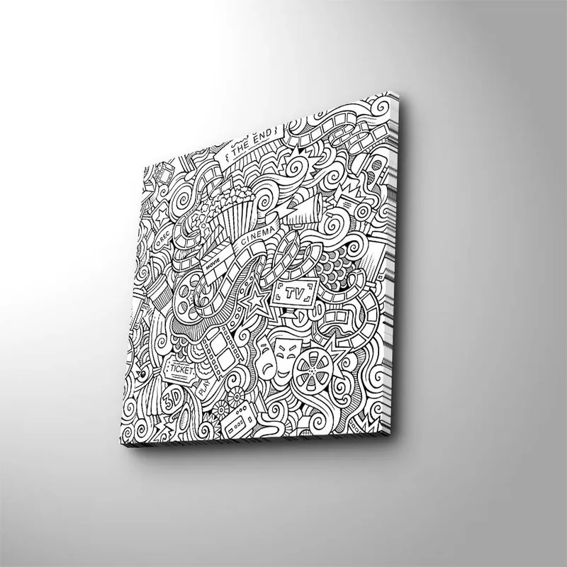 Canvastavla 45x45 cm - Abstrakt komposition av film- och teaterrelaterade symboler, Svart / Vitt